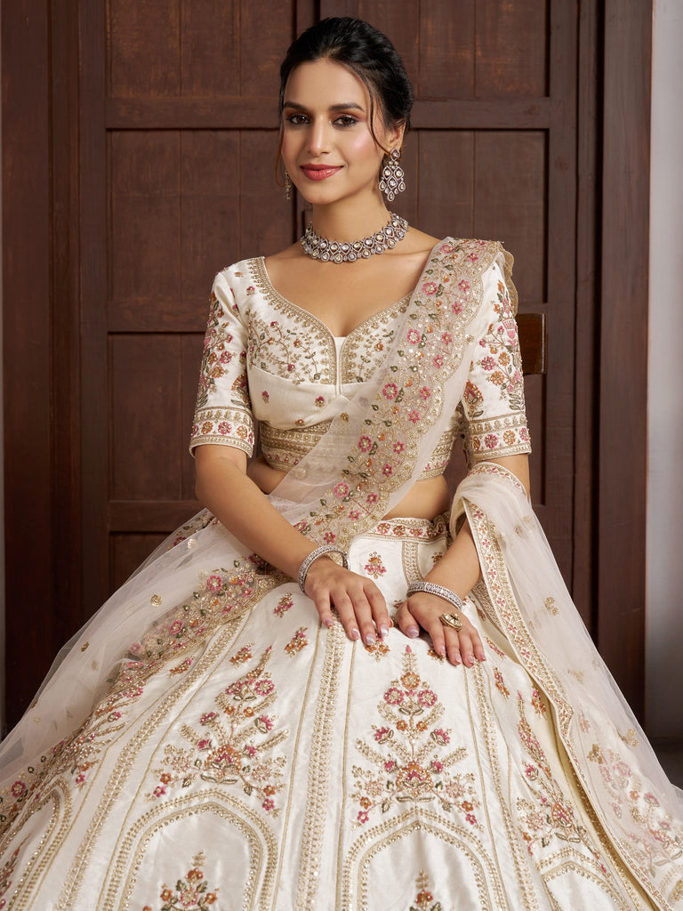 Breathtaking White Zari Work Silk Lehenga Choli With Double Dupatta