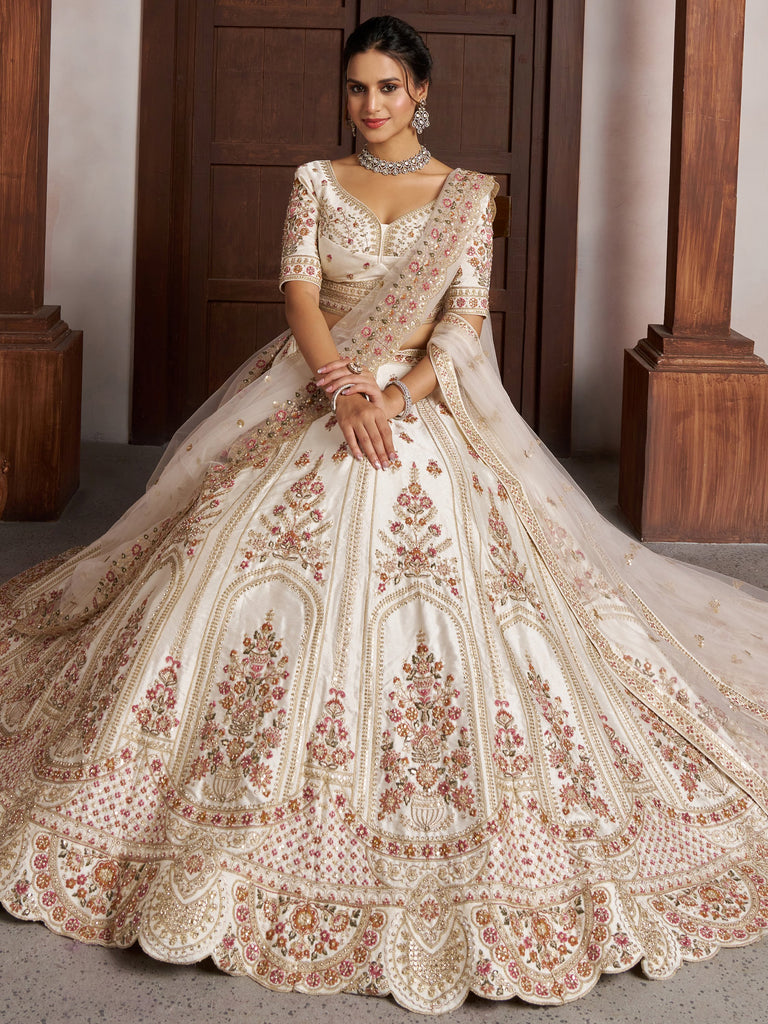 Breathtaking White Zari Work Silk Lehenga Choli With Double Dupatta