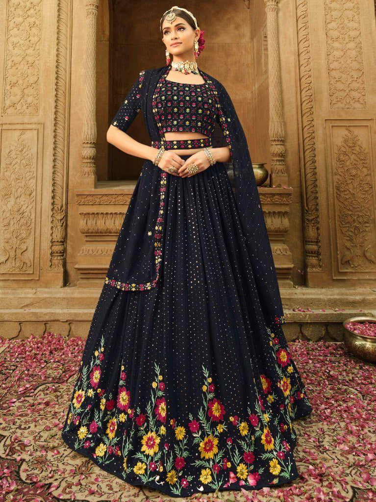 Dazzling Navy Blue Thread Embroidered Georgette Lehenga Choli