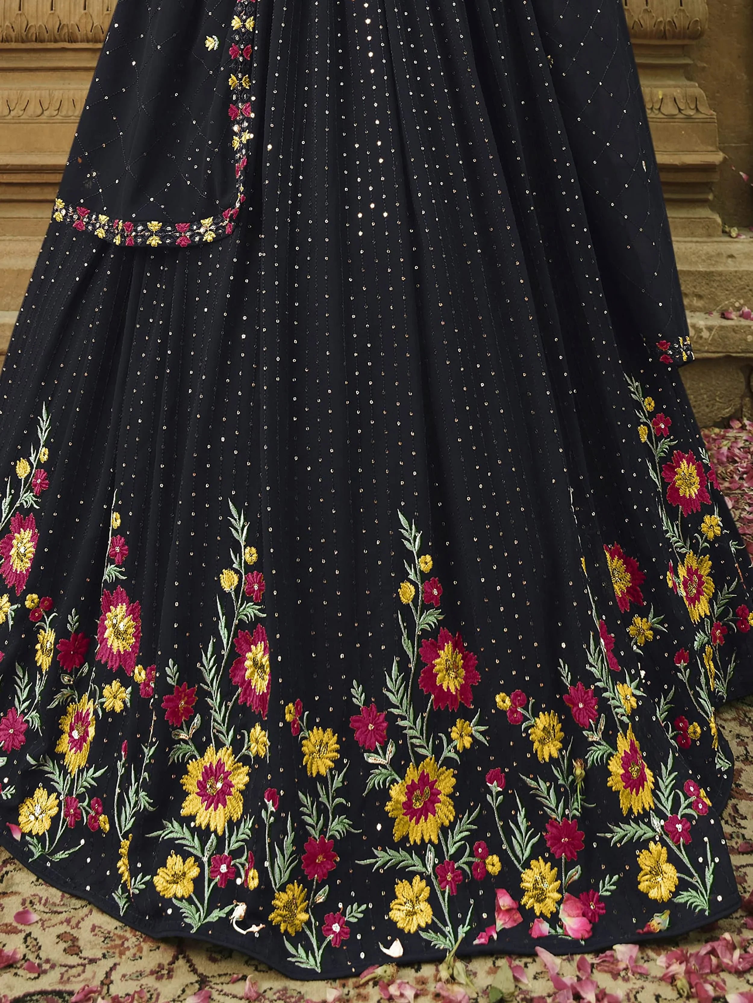 Dazzling Navy Blue Thread Embroidered Georgette Lehenga Choli