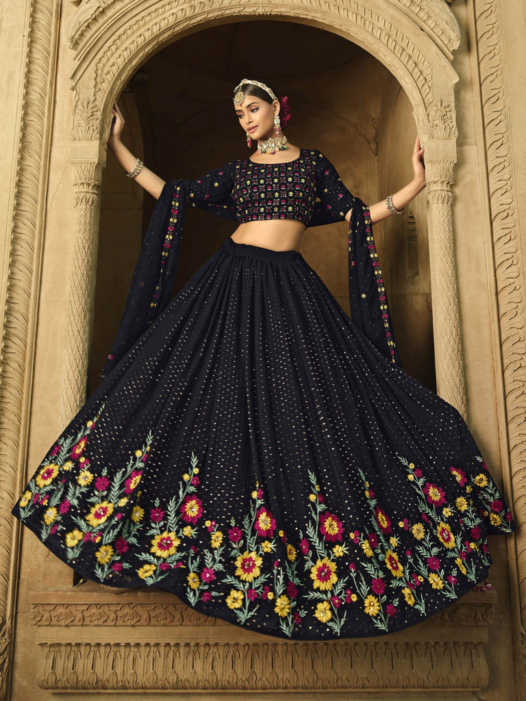 Dazzling Navy Blue Thread Embroidered Georgette Lehenga Choli
