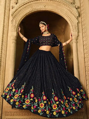 Dazzling Navy Blue Thread Embroidered Georgette Lehenga Choli
