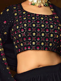 Dazzling Navy Blue Thread Embroidered Georgette Lehenga Choli