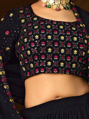 Dazzling Navy Blue Thread Embroidered Georgette Lehenga Choli