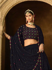 Dazzling Navy Blue Thread Embroidered Georgette Lehenga Choli