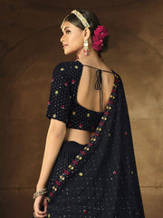 Dazzling Navy Blue Thread Embroidered Georgette Lehenga Choli