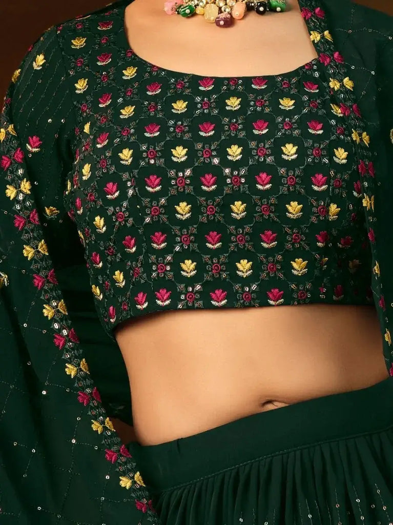 Marvelous Dark Green Thread Embroidered Georgette Lehenga Choli