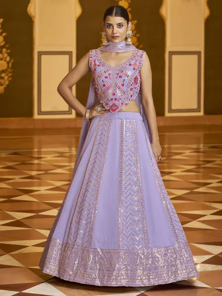 Lavender designer lehenga choli with floral embroidery and sequin detailing, perfect for Indian ethnic wear occasions.
