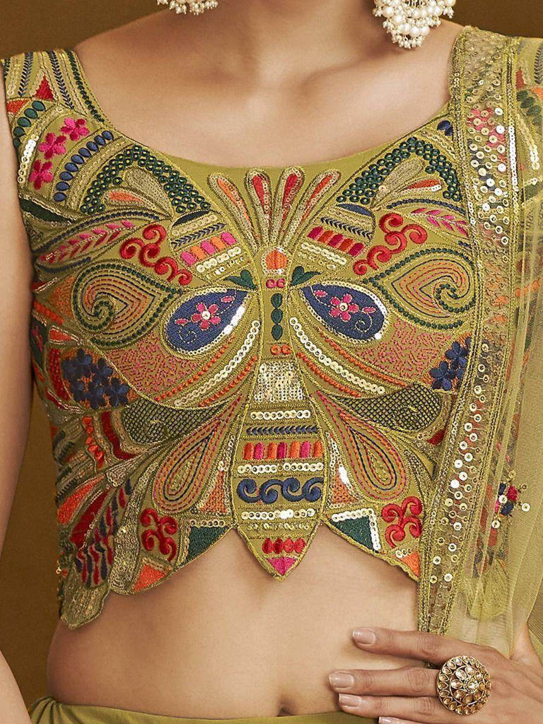 Fabulous Fluorescent Green Georgette Sequins Party Wear Lehenga For Women