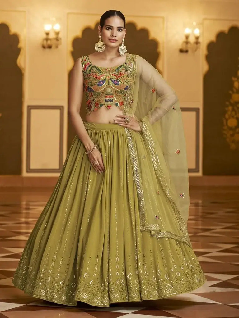 Fabulous Fluorescent Green Georgette Sequins Party Wear Lehenga For Women
