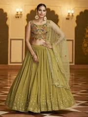 Fabulous Fluorescent Green Georgette Sequins Party Wear Lehenga For Women
