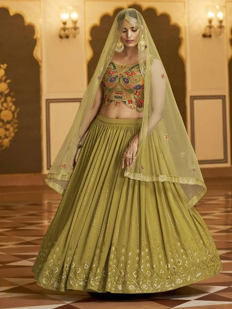 Fabulous Fluorescent Green Georgette Sequins Party Wear Lehenga For Women