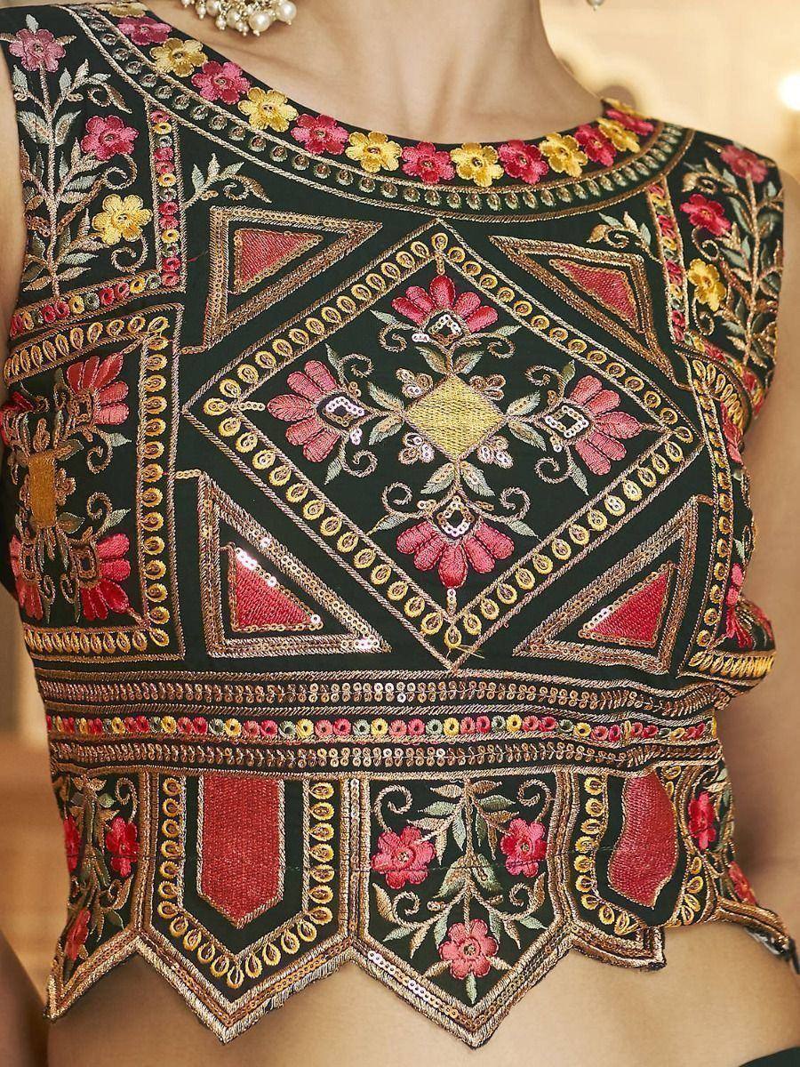 Black embroidered crop top with floral and geometric patterns, perfect for ethnic wear