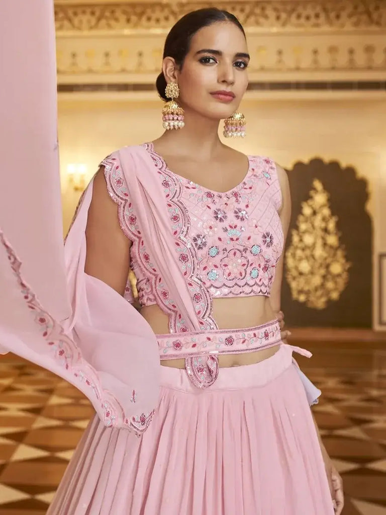Fanciable Pink Georgette Embroidered Lehenga Choli For Engagement