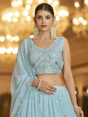 Excellent Sky Blue Georgette Embroidered Engagement Wear Lehenga Choli