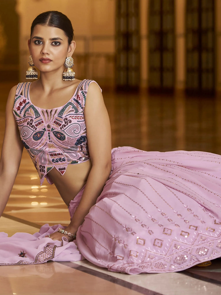 Glamorous Dusty Pink Georgette Sequins Work Reception Wear Lehenga