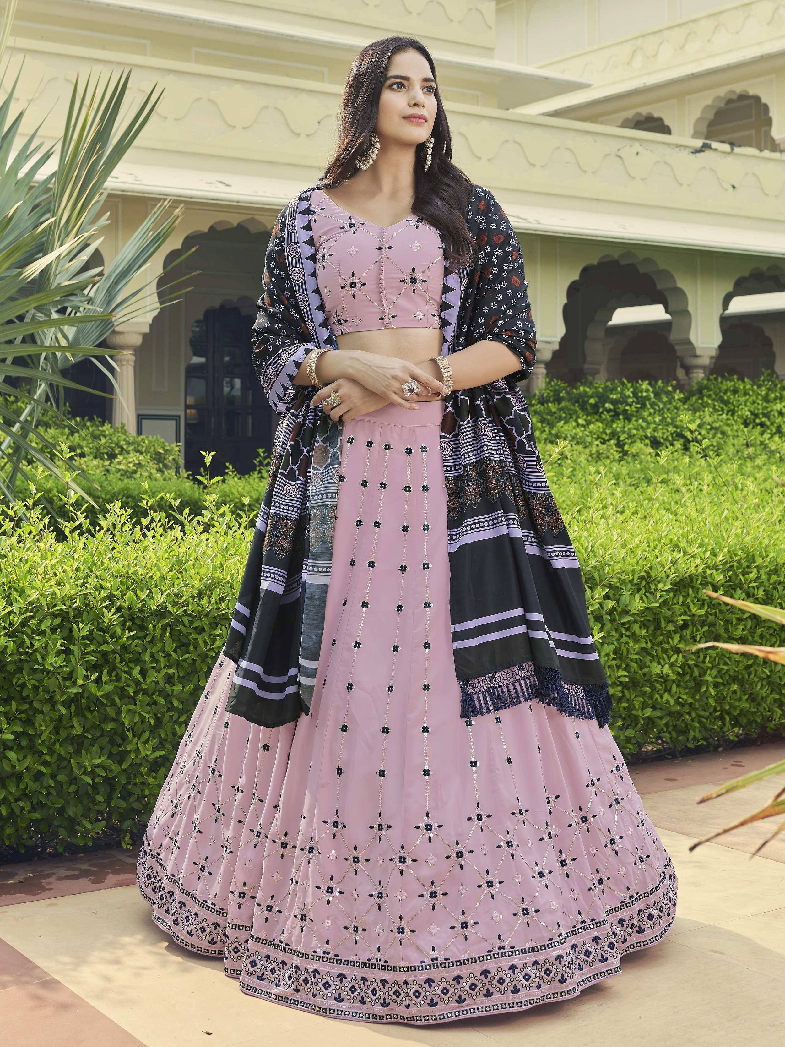 Pink embroidered lehenga choli with black patterned dupatta, Indian ethnic wear for women