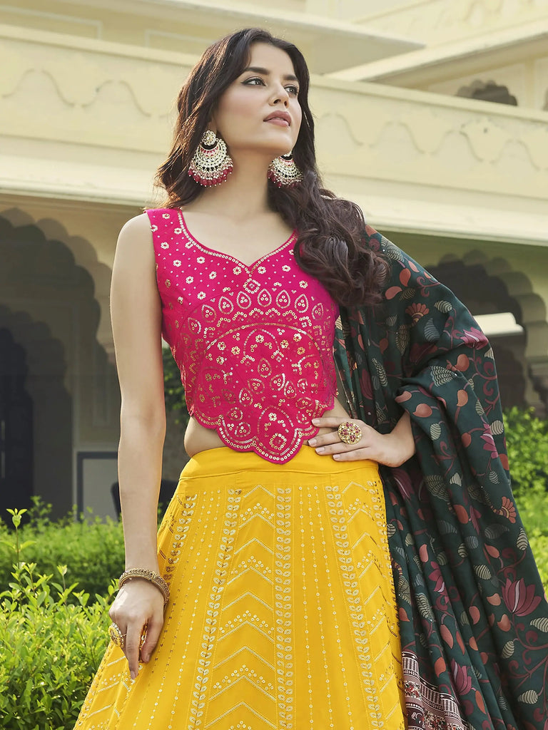 Breathtaking Yellow Sequins Work Georgette Lehenga With Printed Dupatta