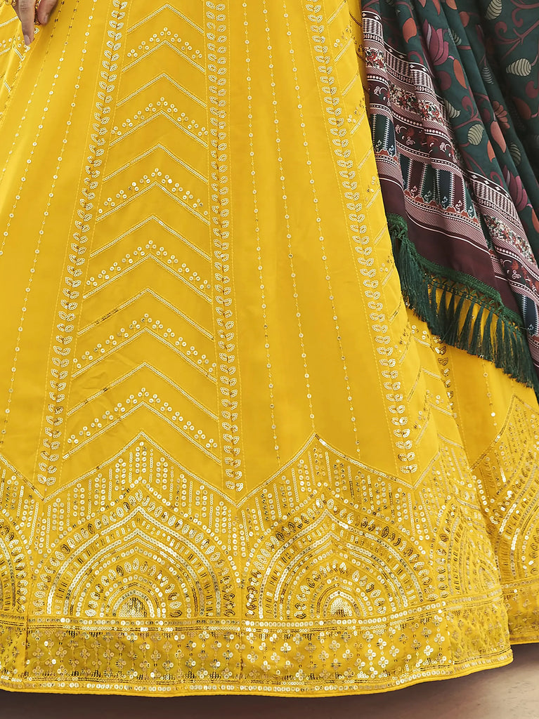 Breathtaking Yellow Sequins Work Georgette Lehenga With Printed Dupatta