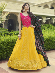 Breathtaking Yellow Sequins Work Georgette Lehenga With Printed Dupatta