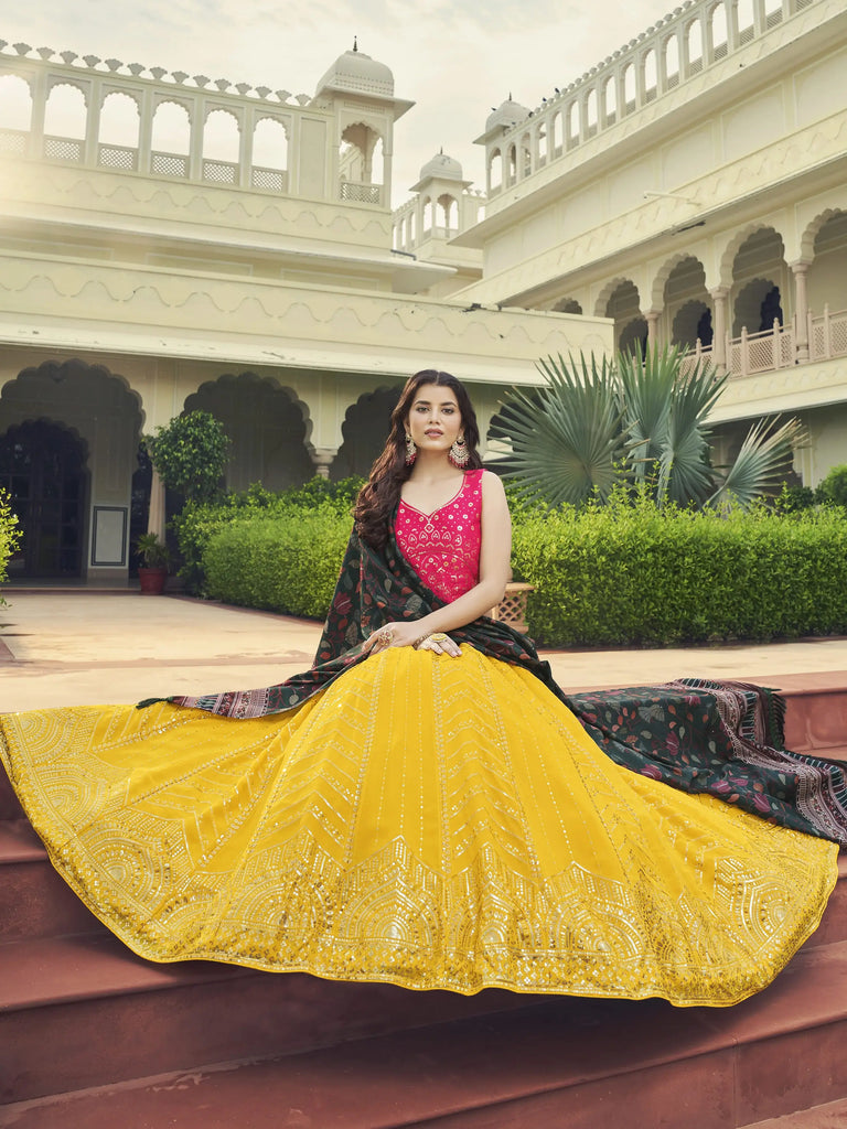 Breathtaking Yellow Sequins Work Georgette Lehenga With Printed Dupatta