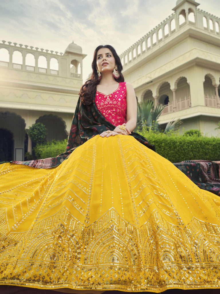 Breathtaking Yellow Sequins Work Georgette Lehenga With Printed Dupatta
