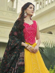 Breathtaking Yellow Sequins Work Georgette Lehenga With Printed Dupatta