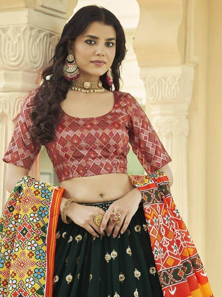 Spectacular Dark Green Sequins Work Georgette Lehenga With Printed Dupatta