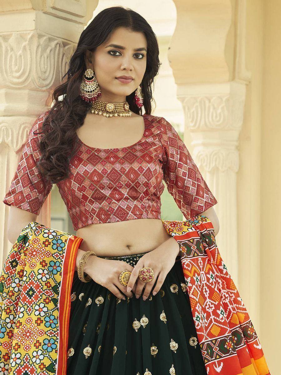 Red patterned lehenga choli with black skirt and colorful dupatta, Indian ethnic wear