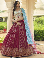 Astonishing Dark Pink Sequins Work Georgette Lehenga With Printed Dupatta