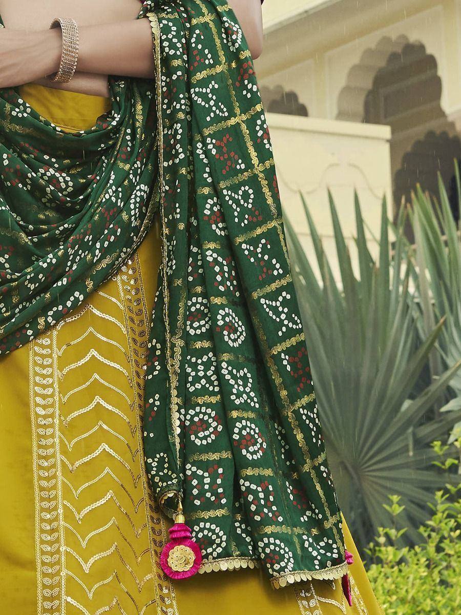 Yellow embroidered salwar kameez with green printed dupatta, ethnic Indian wear