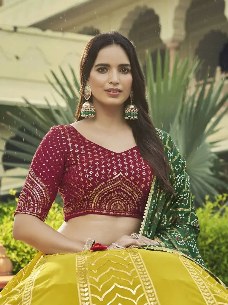 Scrumptious Flourecent Green Sequins Work Georgette Lehenga With Printed Dupatta