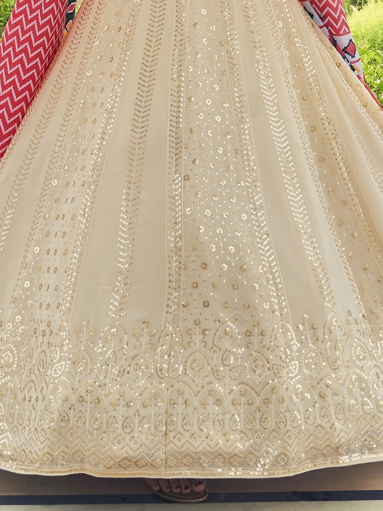 Bewitching Beige Sequins Work Georgette Lehenga With Printed Dupatta