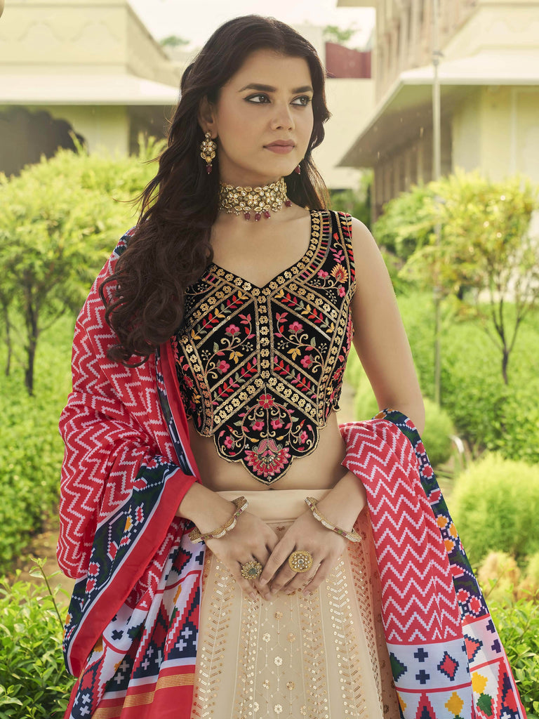 Bewitching Beige Sequins Work Georgette Lehenga With Printed Dupatta