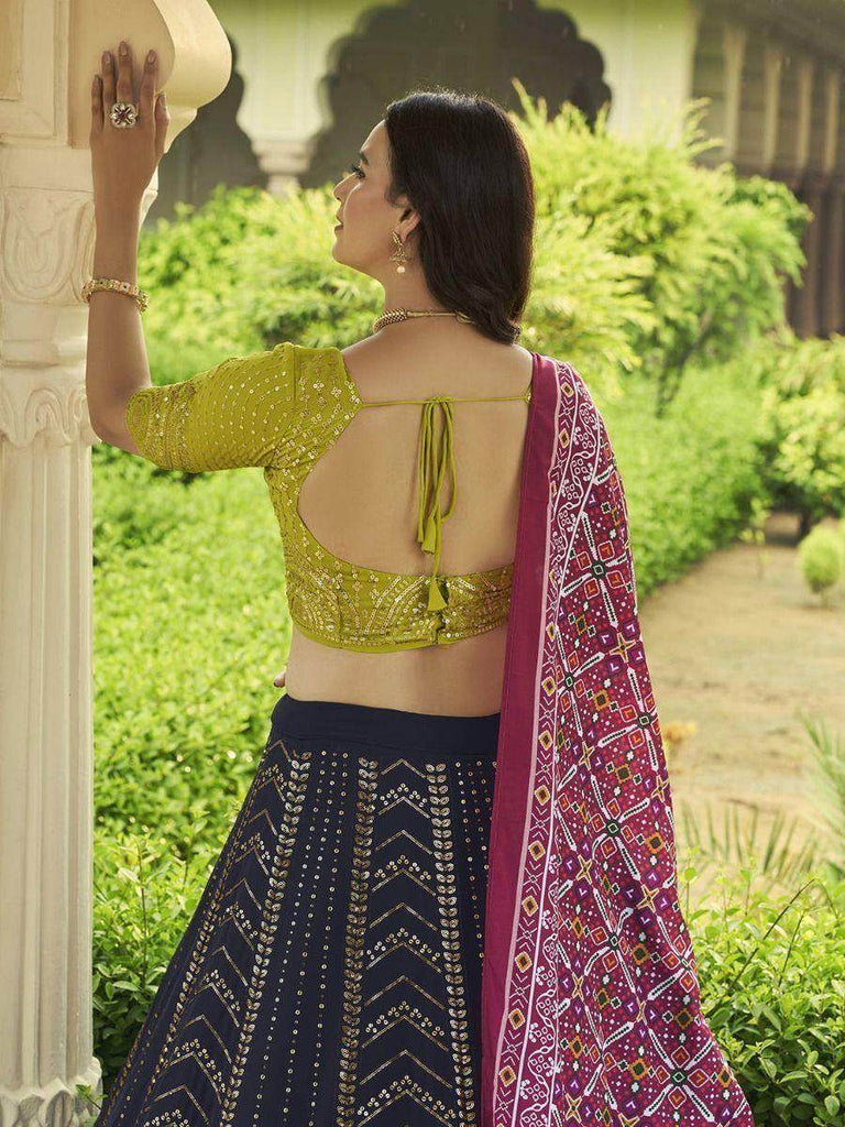 Delectable Navy Blue Sequins Work Georgette Lehenga With Printed Dupatta