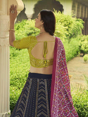Delectable Navy Blue Sequins Work Georgette Lehenga With Printed Dupatta