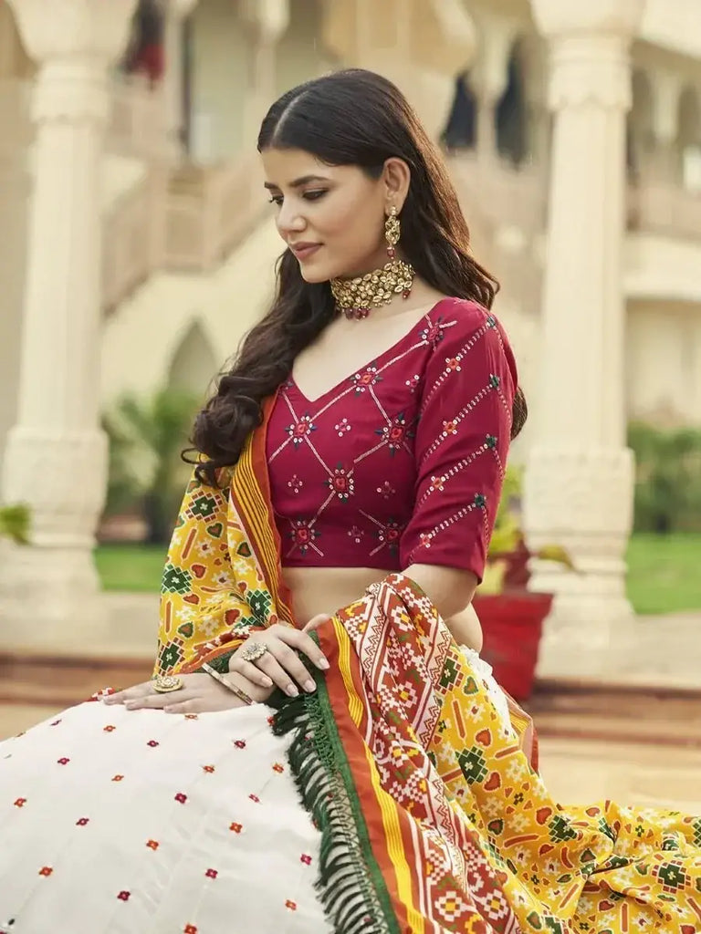 Enchanting White Thread & Sequins Work Georgette Lehenga With Printed Dupatta