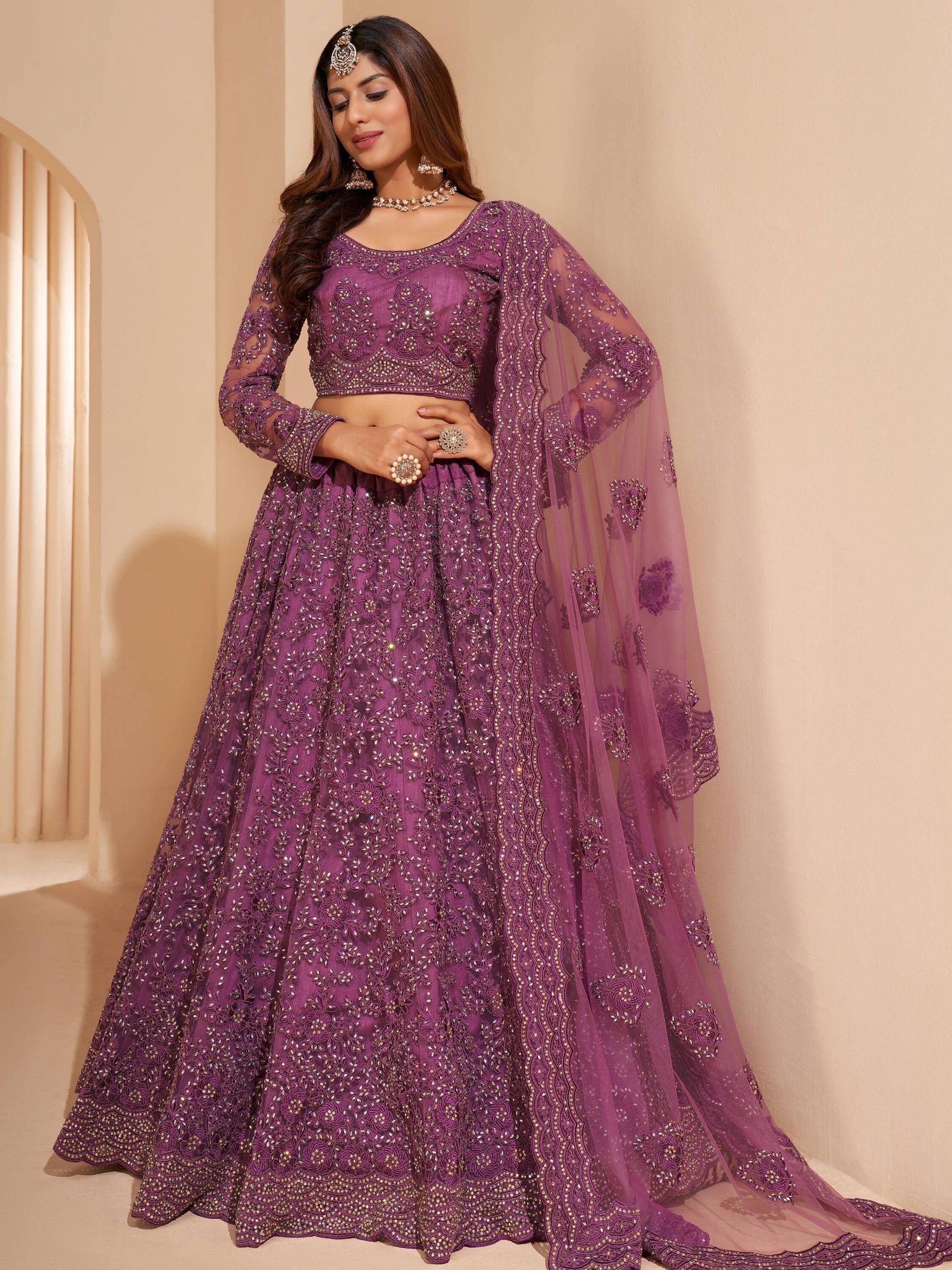 Purple embroidered lehenga choli with sheer dupatta, Indian ethnic wear for weddings and parties