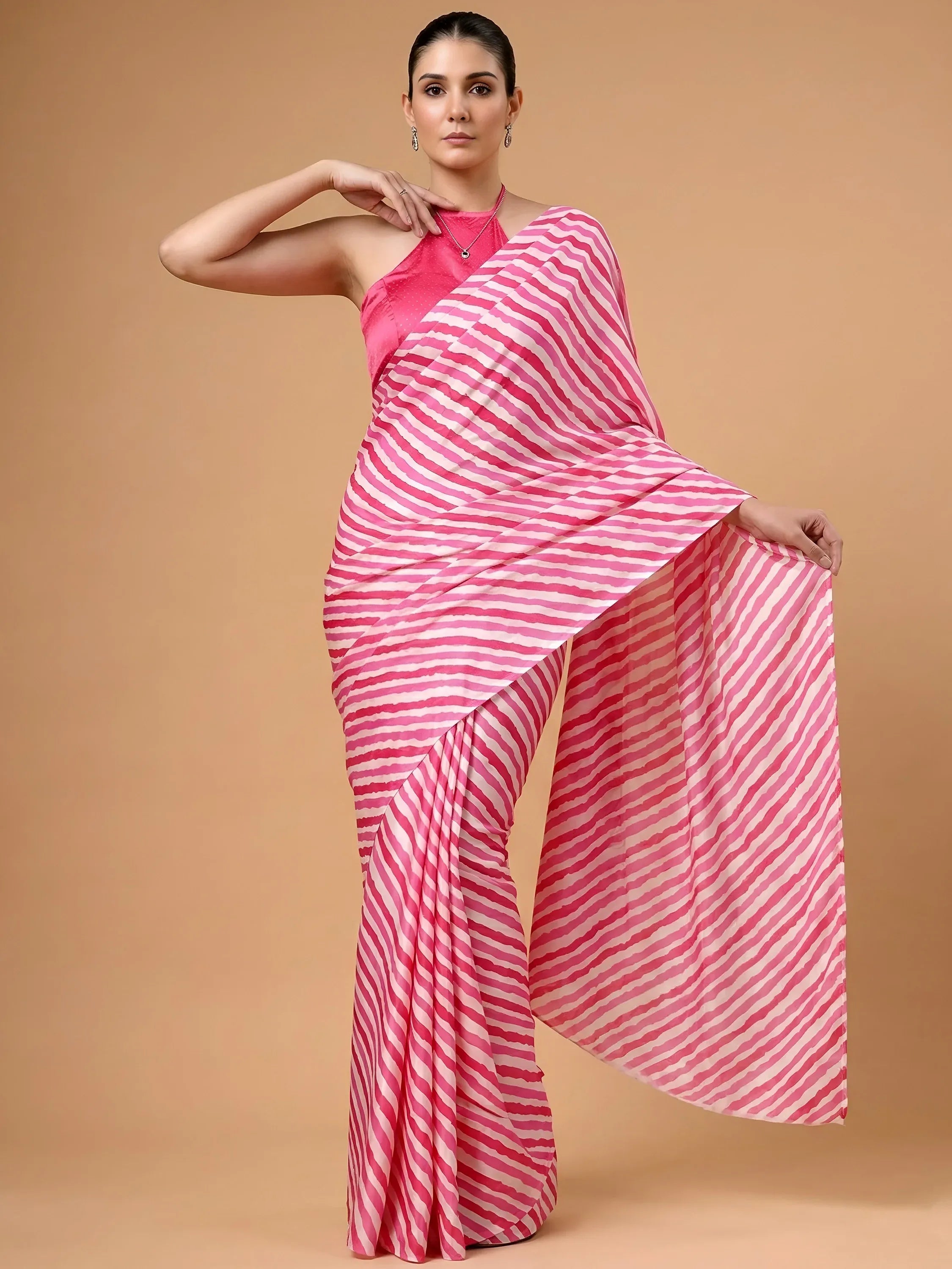Fascinating Pink Laheriya Printed Satin Wedding Wear Saree With Blouse