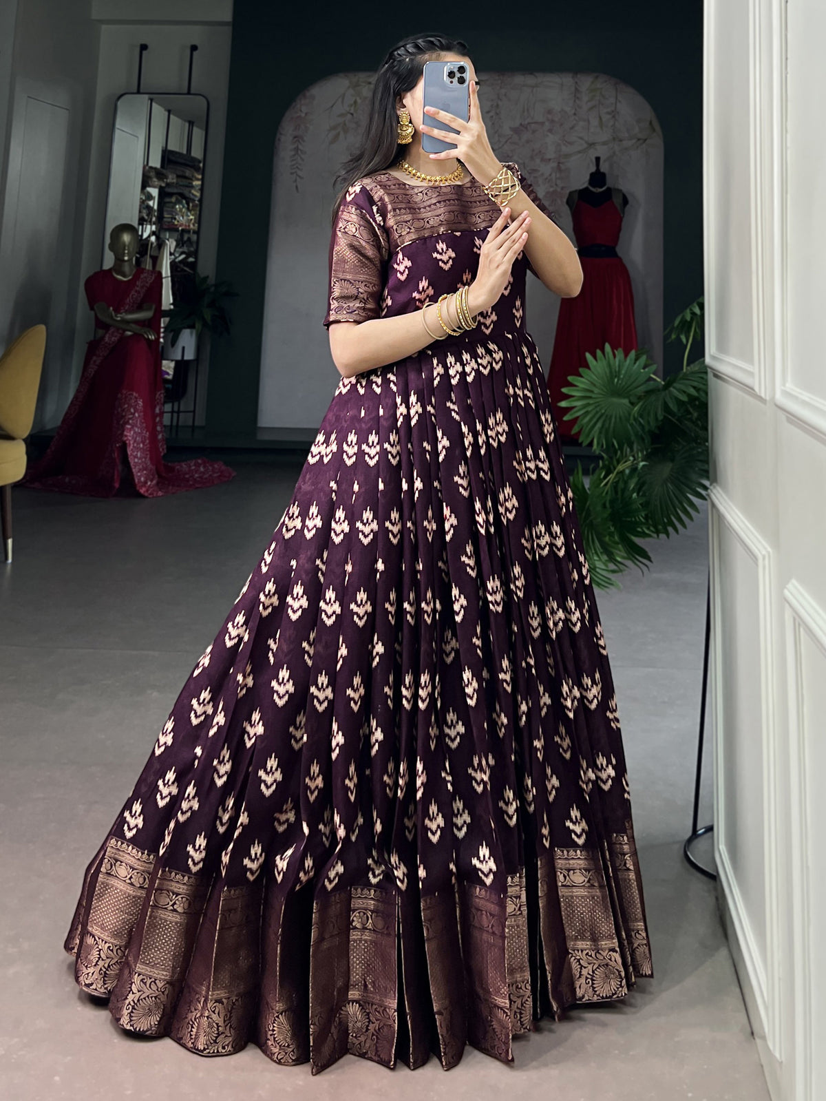 Captivating Wine Zari Weaving Cotton Traditional Gown