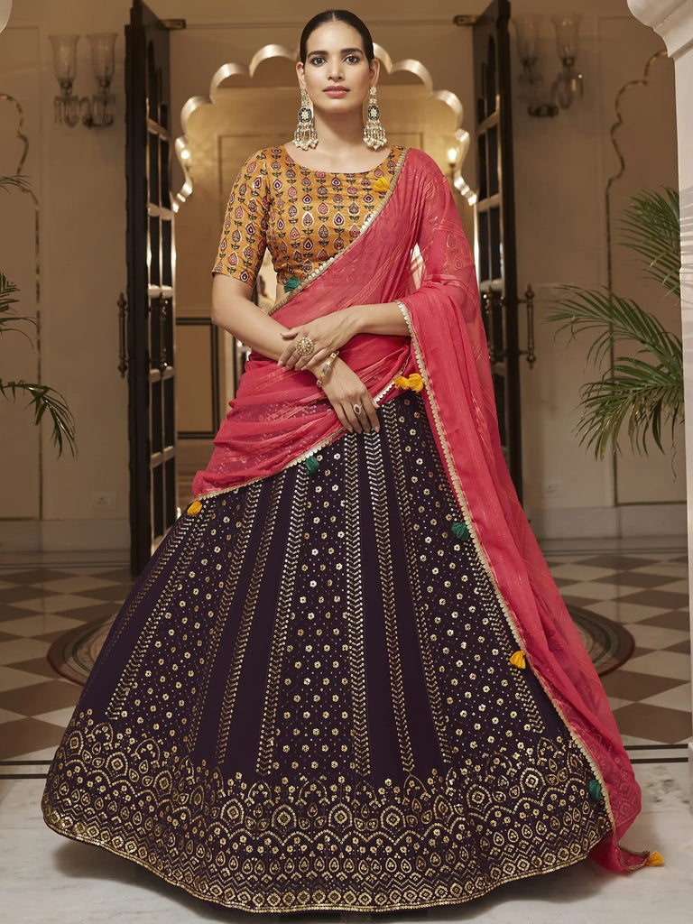 Charismatic Dark Purple Sequins Embroidery Georgette Lehenga Choli