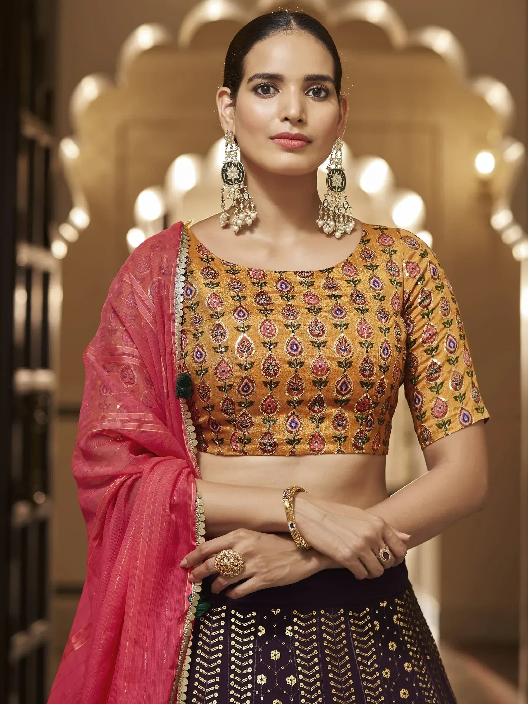 Charismatic Dark Purple Sequins Embroidery Georgette Lehenga Choli