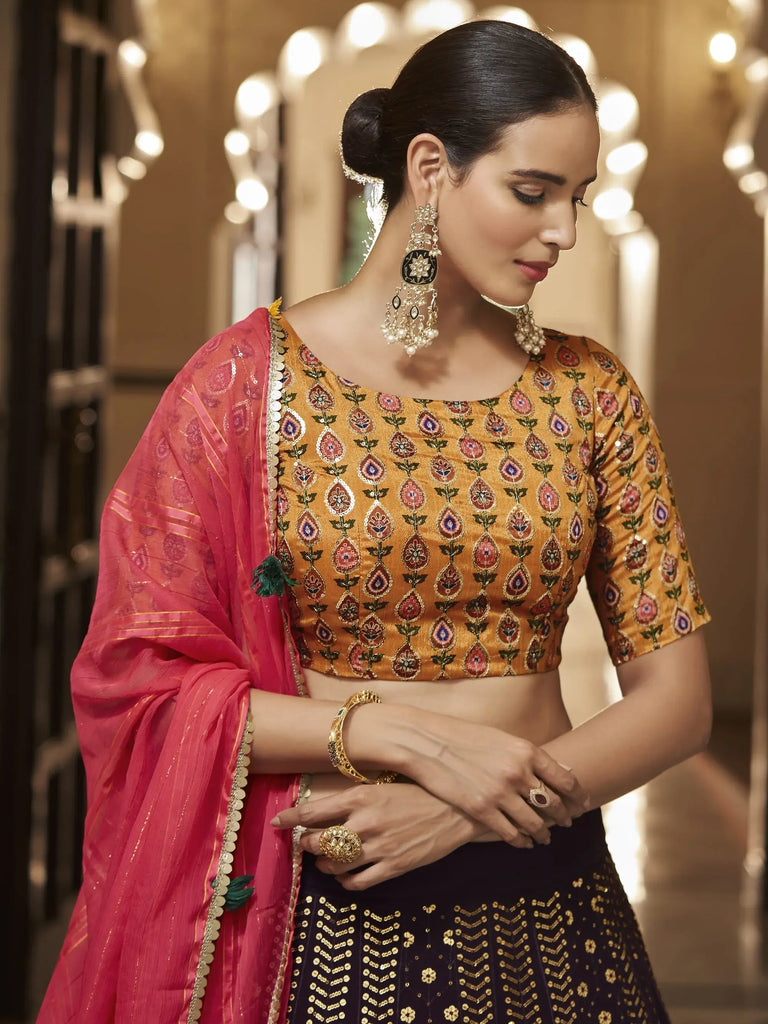 Charismatic Dark Purple Sequins Embroidery Georgette Lehenga Choli