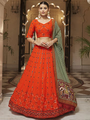 Appealing Orange Sequins Embroidery Georgette Lehenga Choli