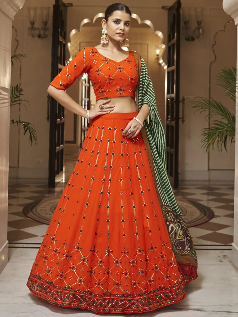 Appealing Orange Sequins Embroidery Georgette Lehenga Choli