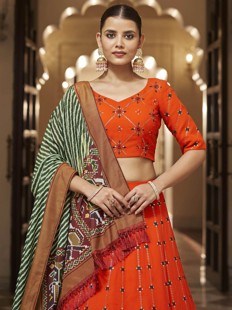 Appealing Orange Sequins Embroidery Georgette Lehenga Choli