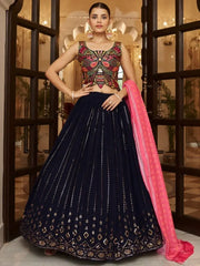 Charming Navy Blue Sequins Embroidery Georgette Lehenga Choli