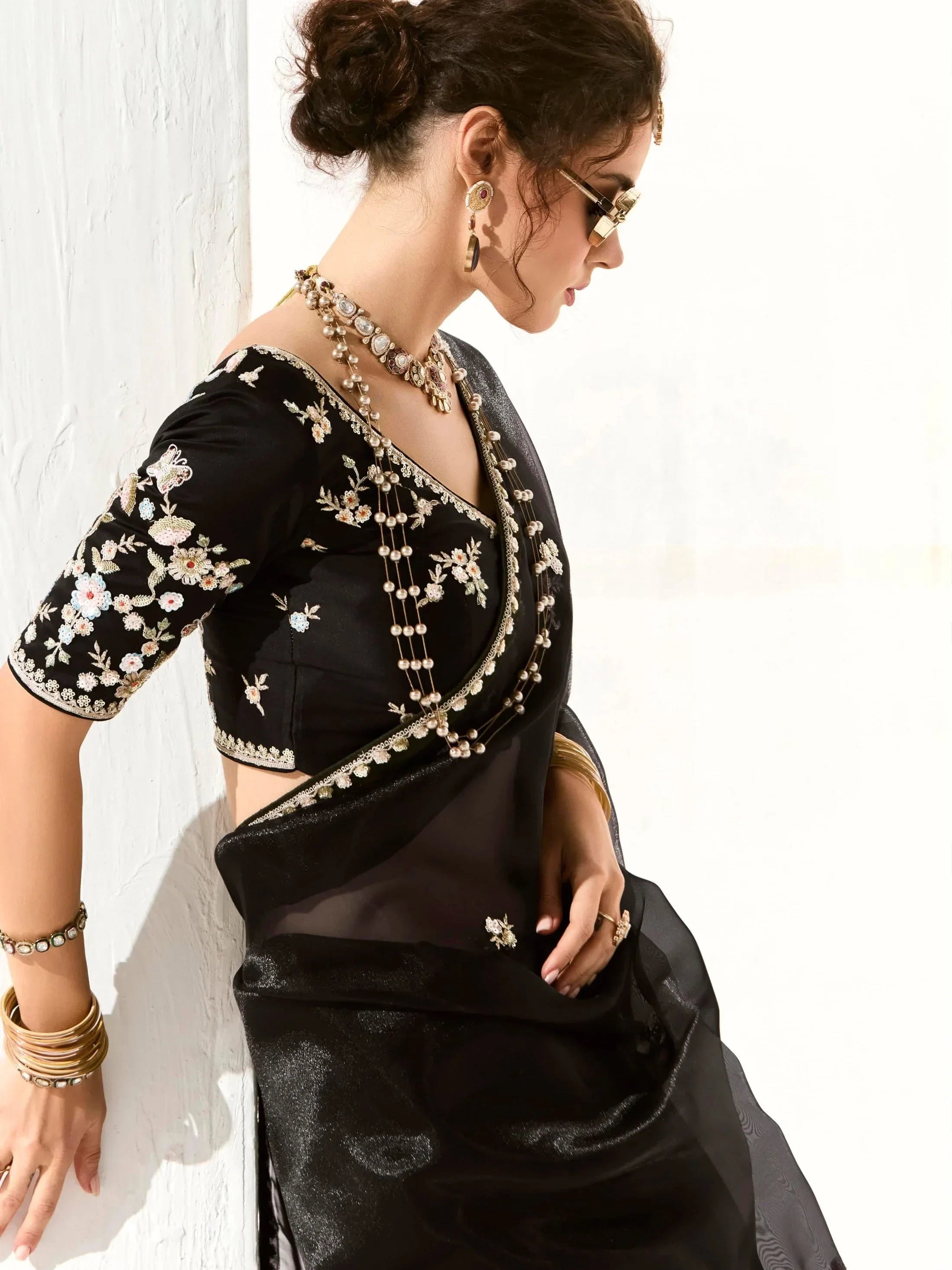 Fantastic Black Sequins Tissue Silk Party Wear Saree With Blouse
