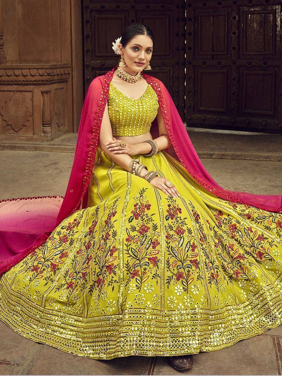 Yellow floral embroidered lehenga choli with pink dupatta, Indian ethnic wear for weddings and festivals
