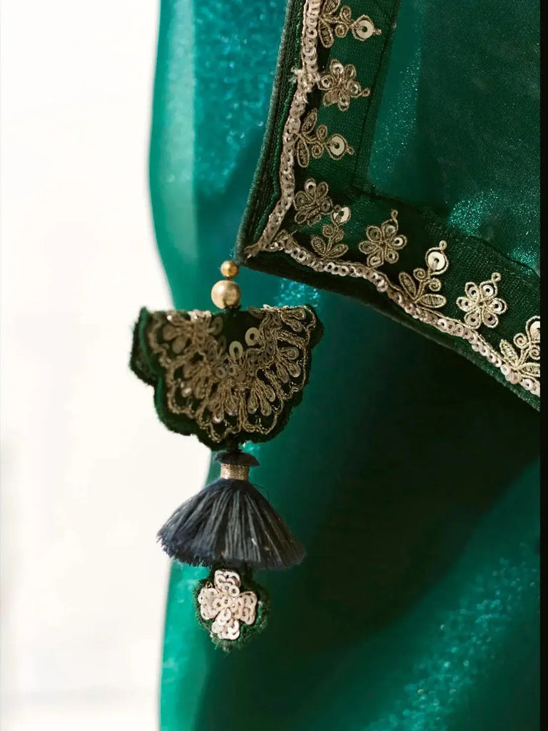 Embrace Teal Green Border Work Tissue Silk Party Wear Saree
